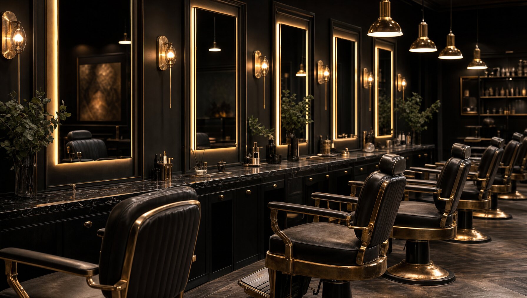The OSA floor: leather chairs and gold-lit mirrors